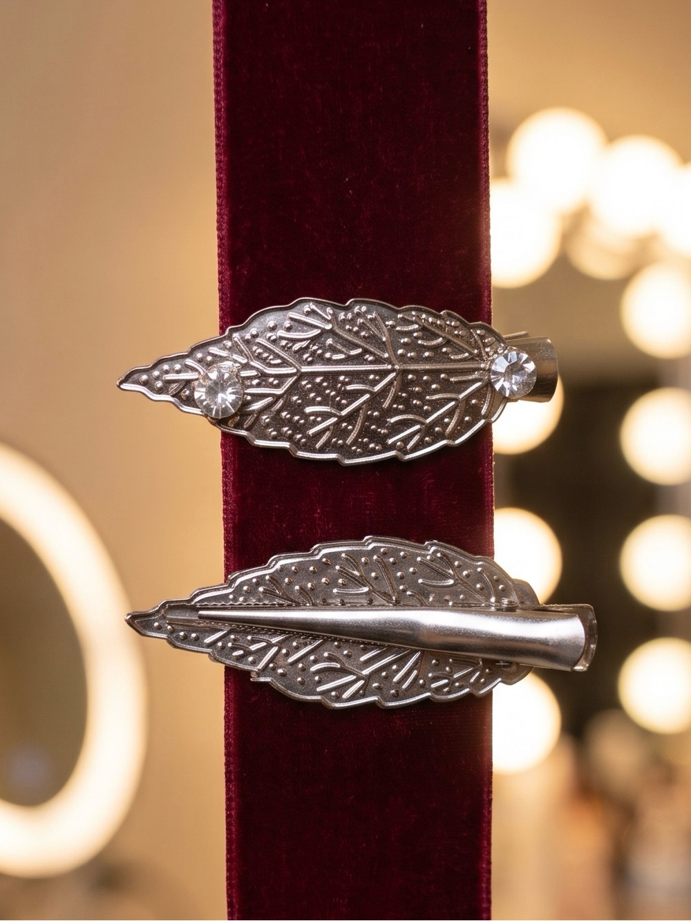 Leaf-Shaped Silver tone Hair Clips with Rhinestones
